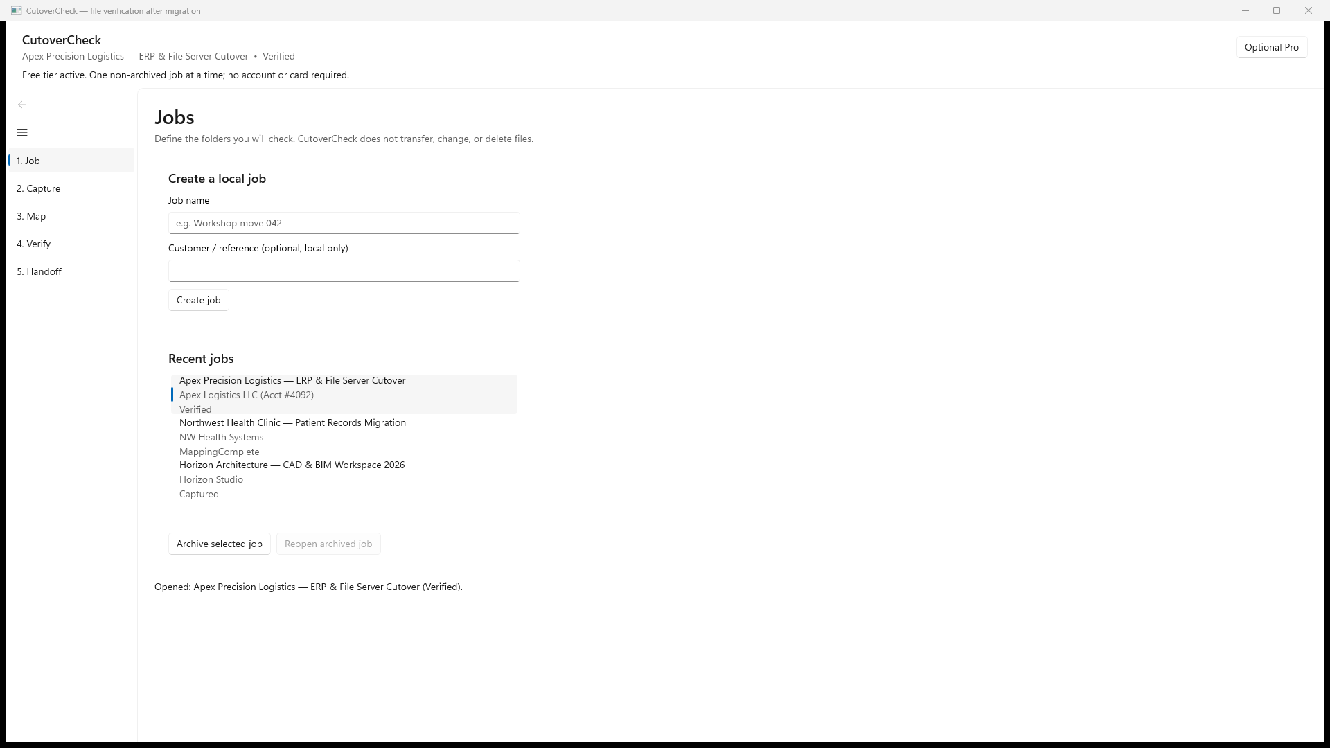 Reviewed cutovercheck screen showing Archive selected job