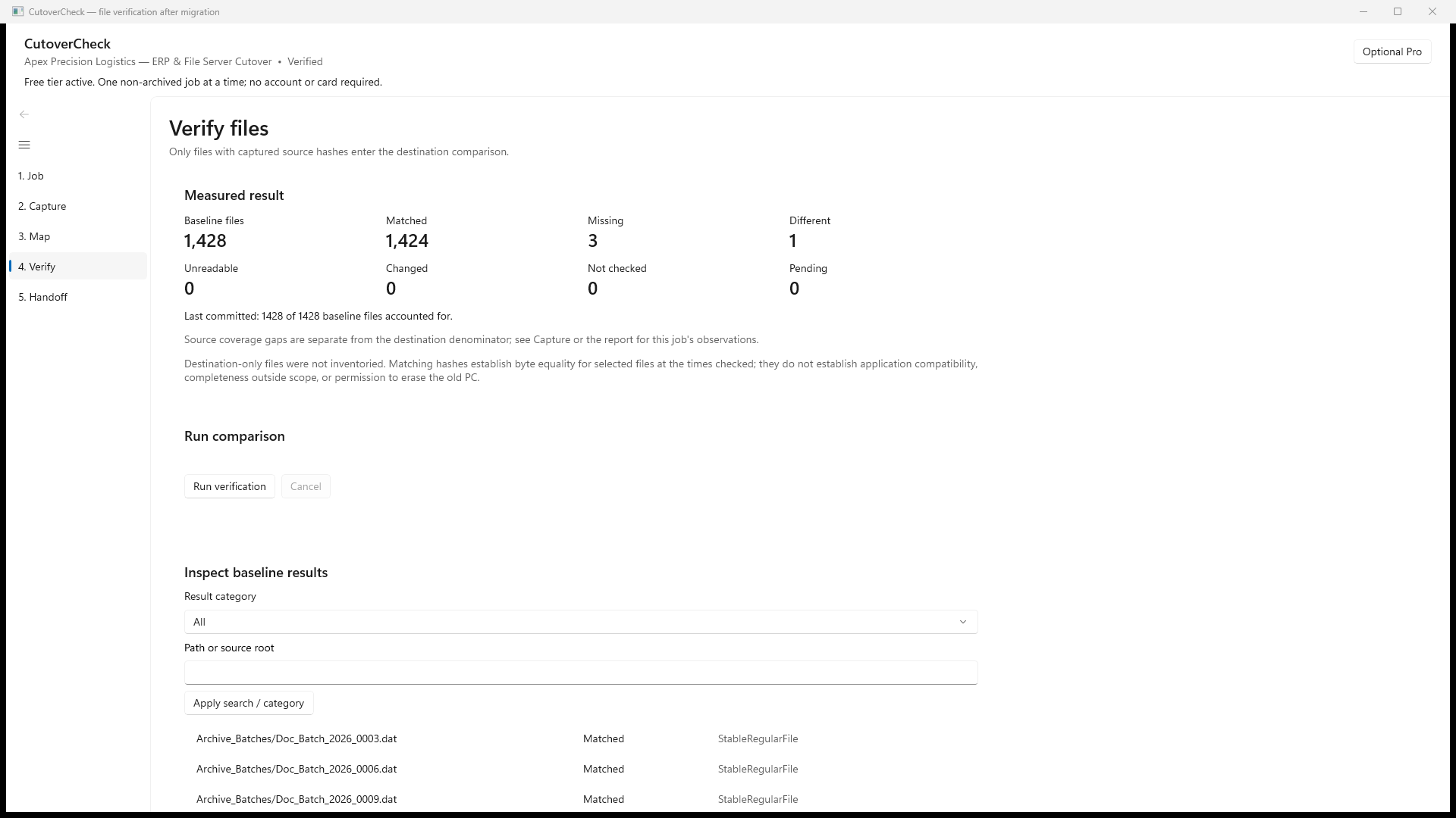 Reviewed cutovercheck screen showing Run verification