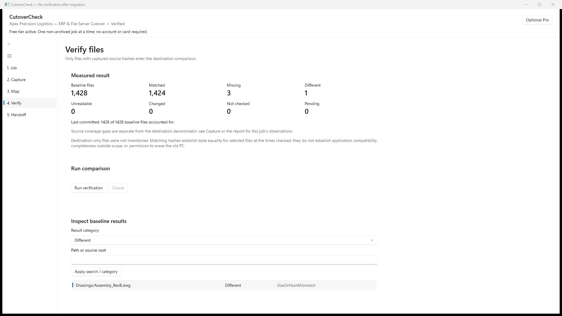 Reviewed cutovercheck screen showing Apply search / category