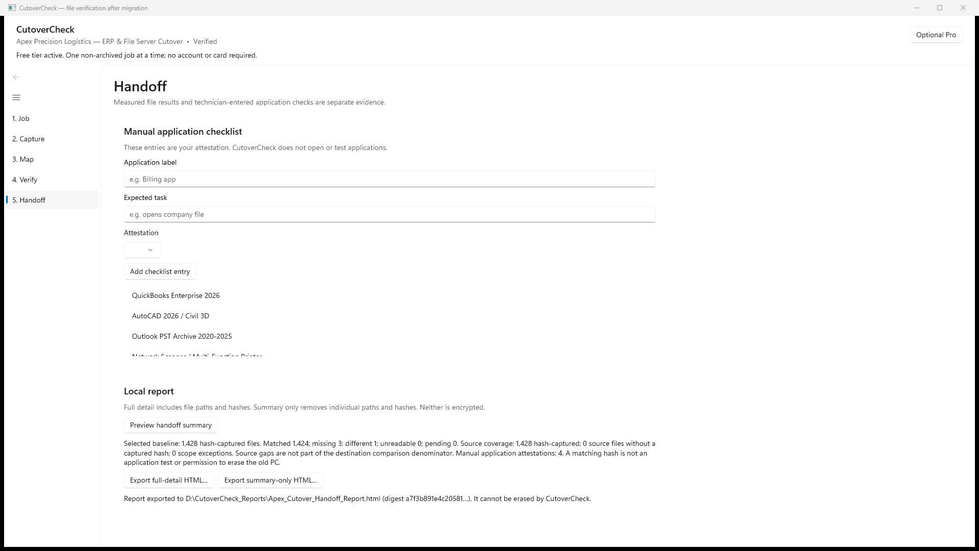 Reviewed cutovercheck screen showing Export full-detail HTML…