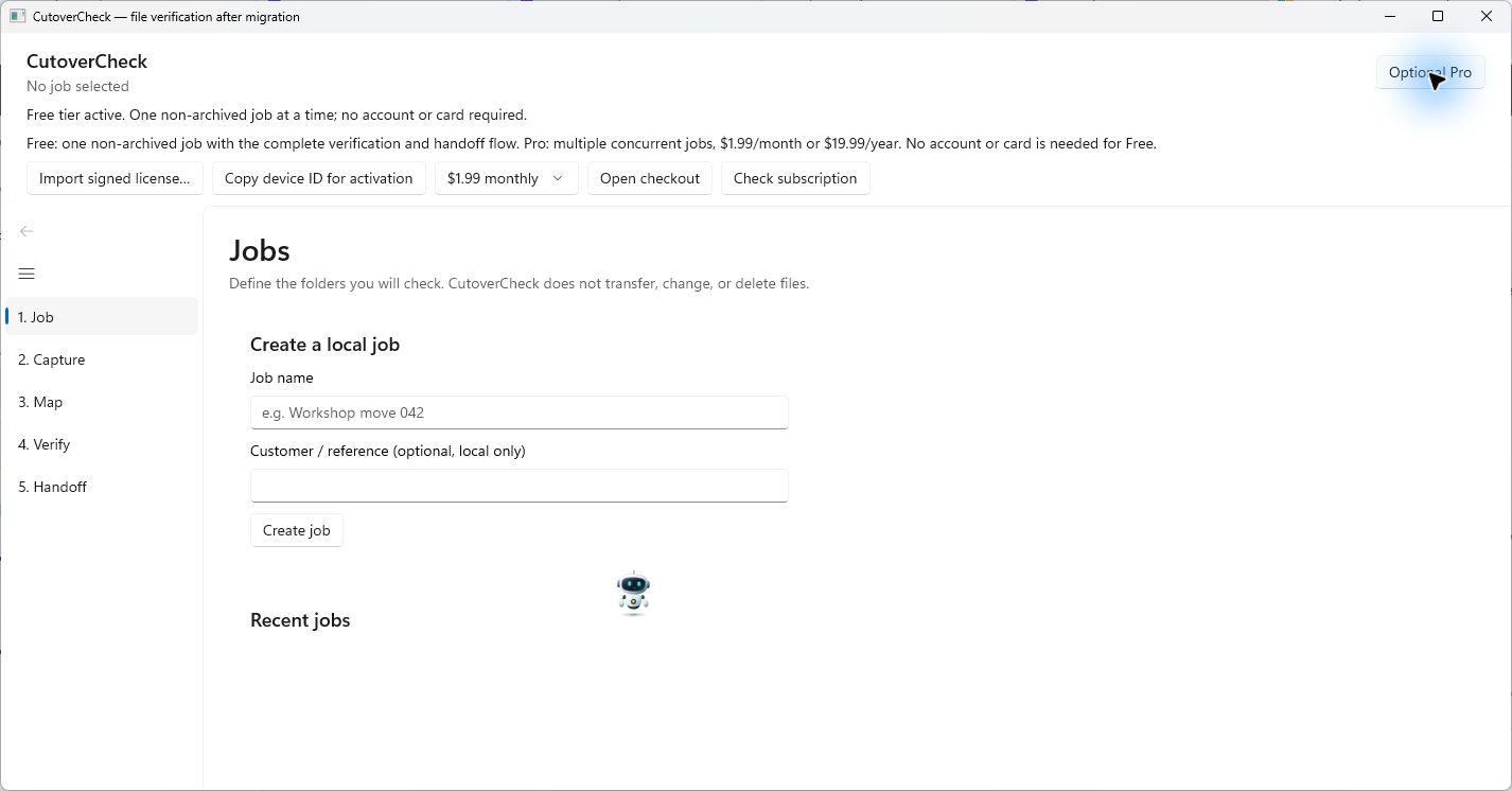 Reviewed cutovercheck screen showing Optional Pro