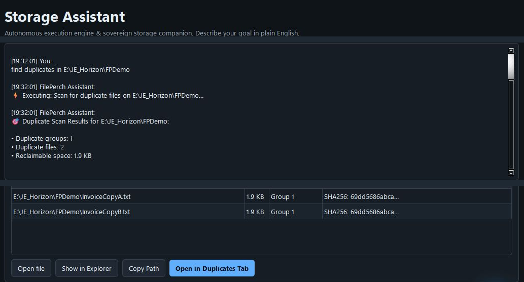 FilePerch Assistant transcript and result rows for two synthetic duplicate files, with Open in Duplicates Tab available.