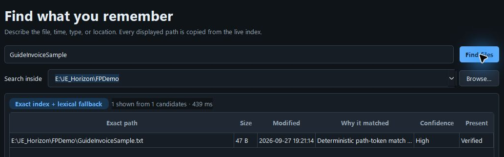 Current FilePerch Search panel with a synthetic filename query, scoped folder, and one Verified result.