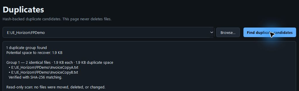 Current FilePerch Duplicates screen reporting two identical synthetic 1.9 KB files and a SHA-256 verified group.