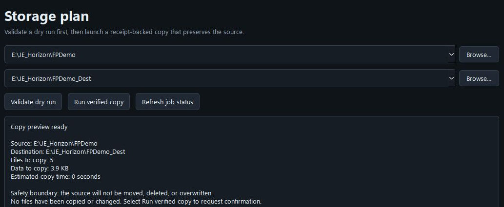 Current FilePerch Storage plan with synthetic source and destination and a Copy preview ready result.