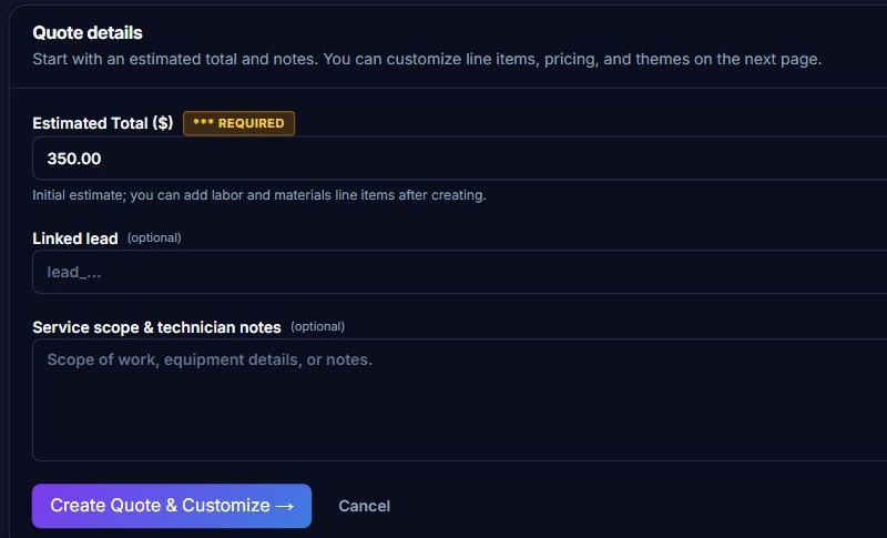 Current blank ContractorDesk Quote details form showing the default estimate and Create Quote & Customize control.