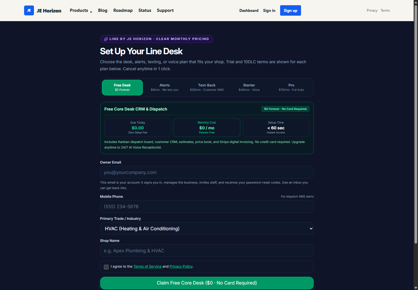 Reviewed line screen showing Free Desk