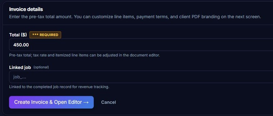 Current blank ContractorDesk Invoice details form with default total and Create Invoice & Open Editor control.
