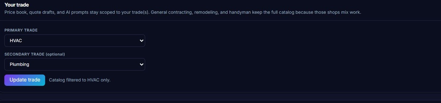 Current ContractorDesk Settings trade selectors with an unsaved secondary-trade change and enabled Update trade button.