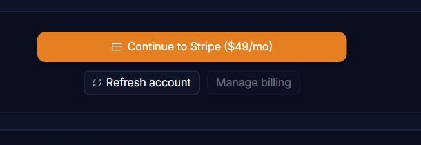 Current ContractorDesk Account & Billing action row showing the selected Starter checkout offer and disabled Manage billing portal on a Free Core Desk account.