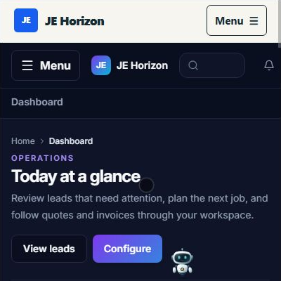 Current 400 px ContractorDesk responsive dashboard top with Menu, View leads and Configure; no customer details visible.