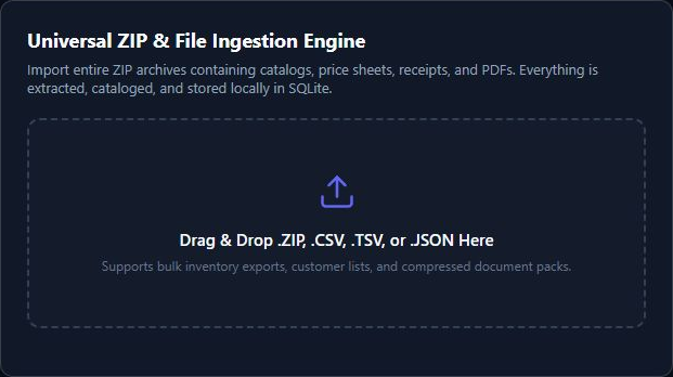 Reviewed omnihorizon screen showing Drag & Drop .ZIP, .CSV, .TSV, or .JSON Here