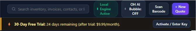 OmniHorizon Dashboard top bar with + New Quote, local engine status, and trial banner; customer records excluded.