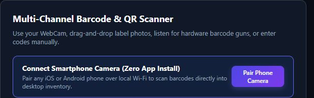 OmniHorizon scanner panel with the visible Pair Phone Camera button; no customer inventory or pairing code is shown.