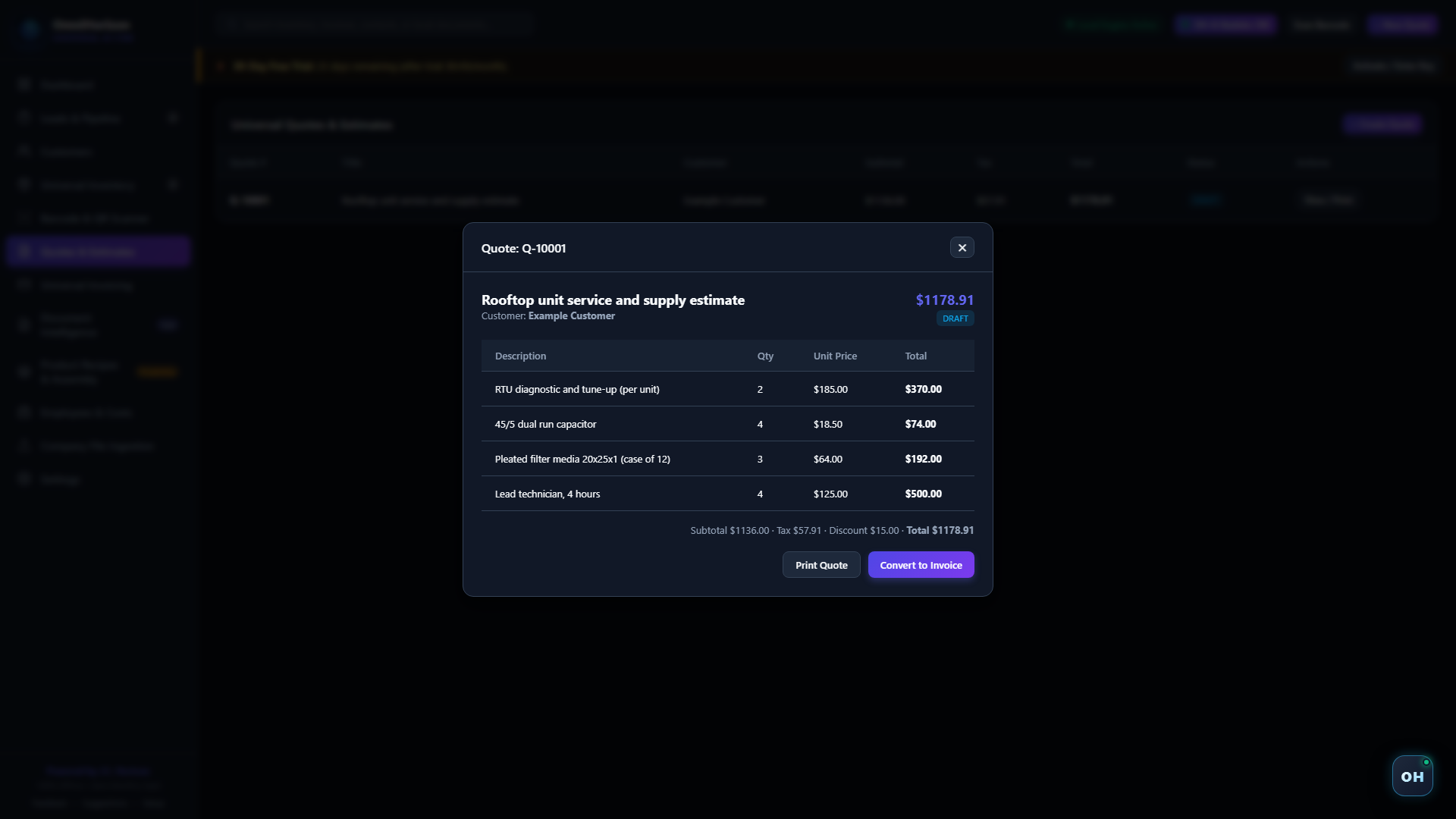 Reviewed omnihorizon screen showing Convert to Invoice