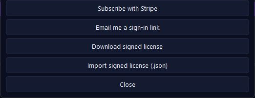 Reviewed pyre screen showing Import signed license (.json)