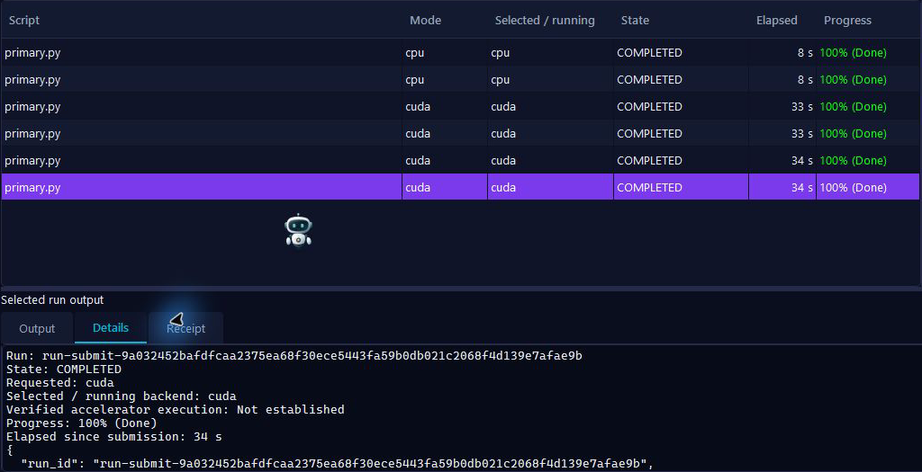 PyRe workbench showing a selected completed run and the active Details tab; accelerator execution is marked not established.
