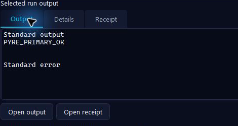 PyRe selected run output panel with Output, Details and Receipt tabs and the Open receipt button.