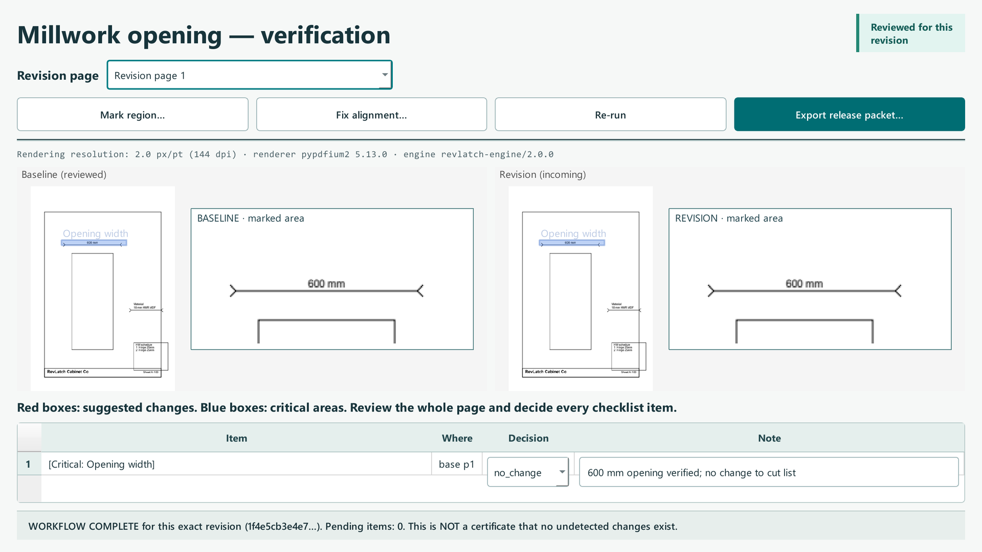 Reviewed revlatch screen showing Export release packet…