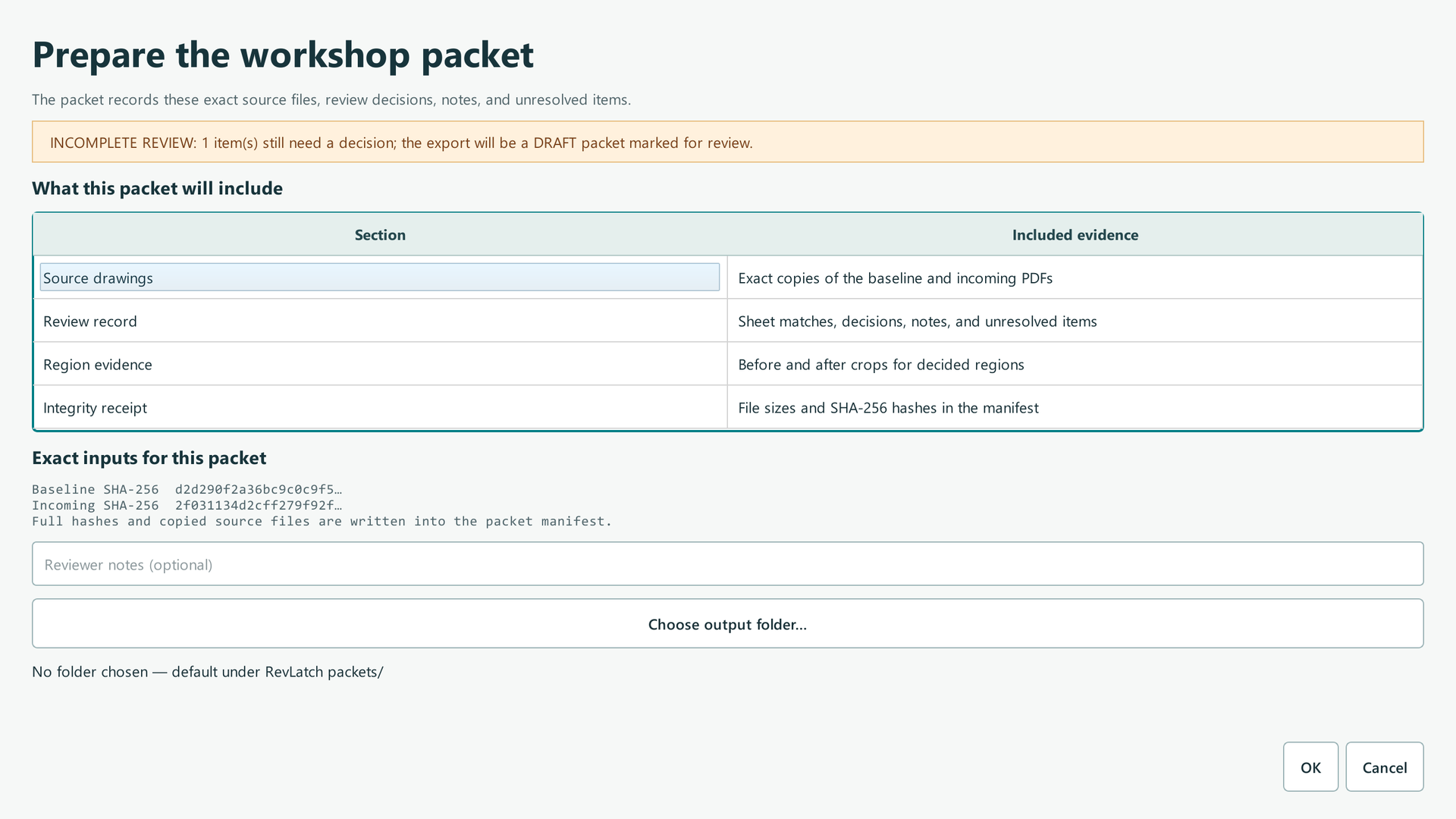 Reviewed revlatch screen showing Choose output folder…