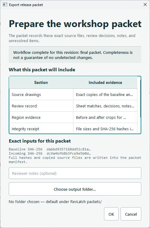 RevLatch final packet dialog showing workflow complete for a synthetic revision, exact input hashes, and OK.