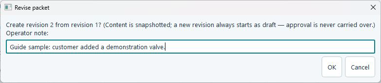 ScopeStamp Revise packet dialog explaining a draft revision and showing a synthetic operator note and OK.