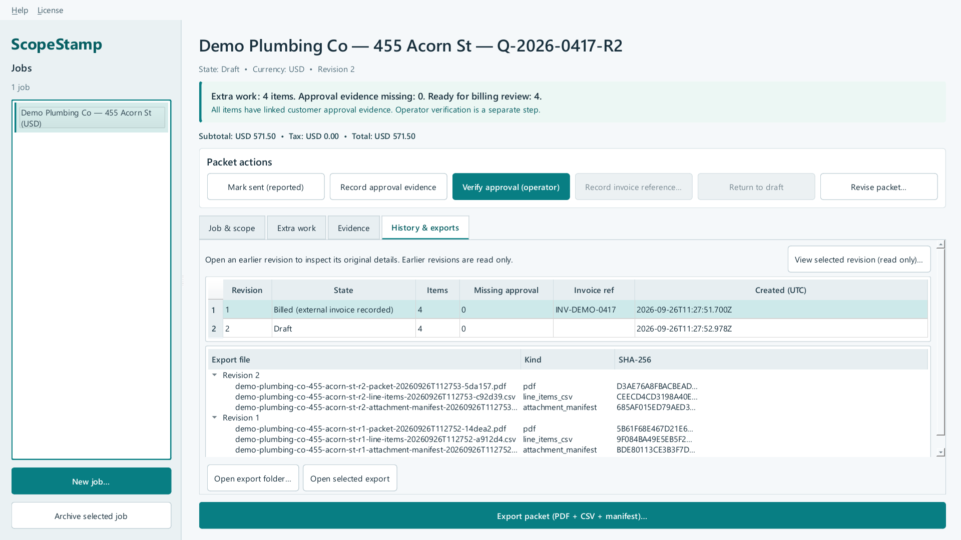 Reviewed scopestamp screen showing View selected revision (read only)…