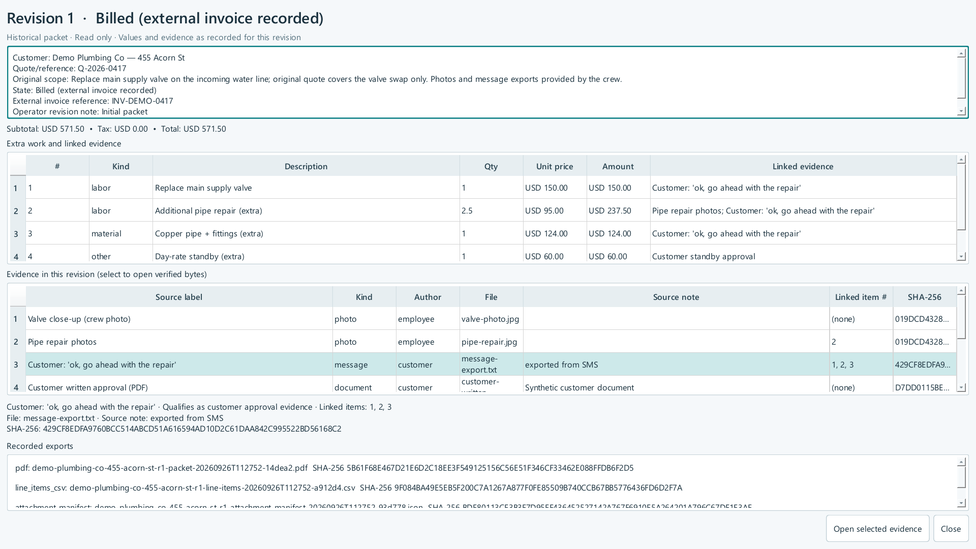 Reviewed scopestamp screen showing Open selected evidence