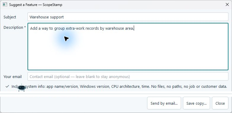 Reviewed scopestamp screen showing Send by email…