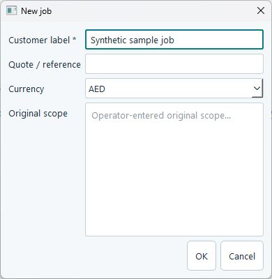 ScopeStamp New job dialog with a synthetic customer label, currency selector, original scope field, and OK button.
