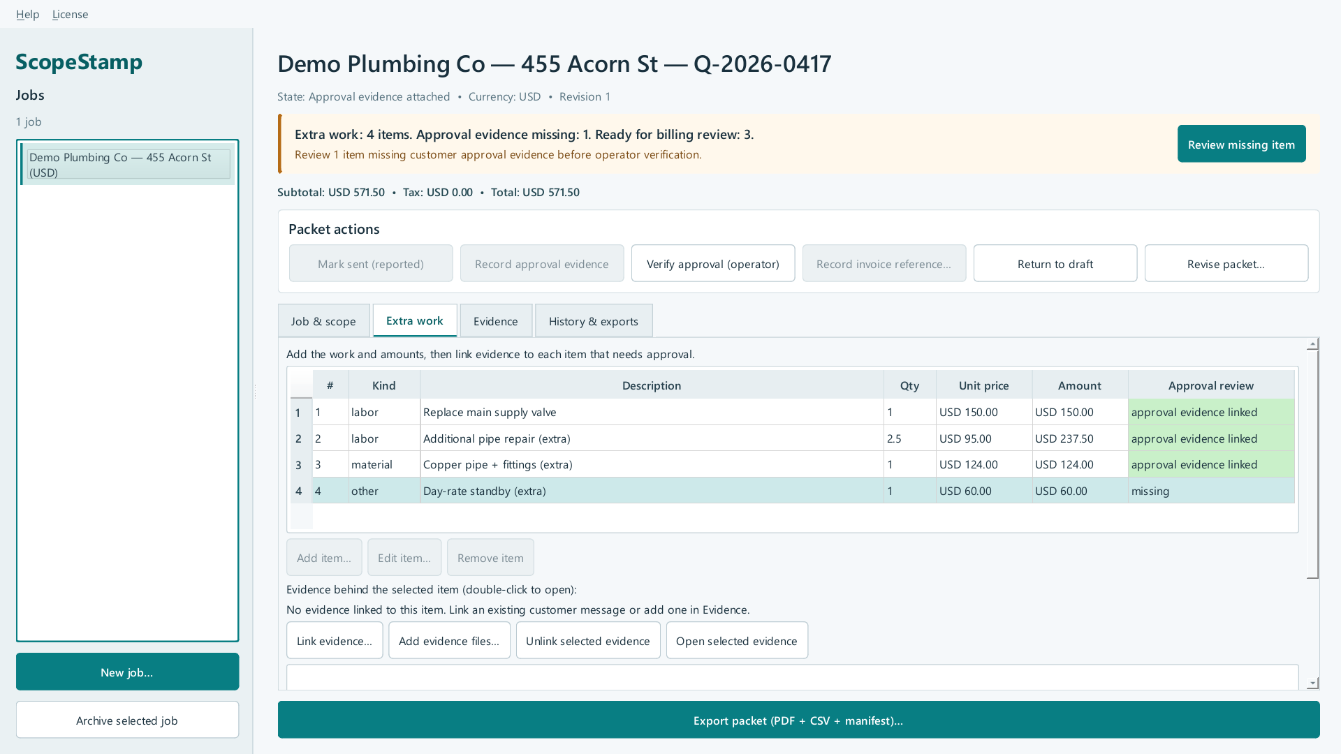Reviewed scopestamp screen showing Link evidence…