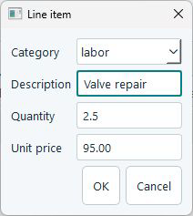 ScopeStamp Line item dialog showing labor, Valve repair, quantity 2.5, unit price 95.00, and OK.