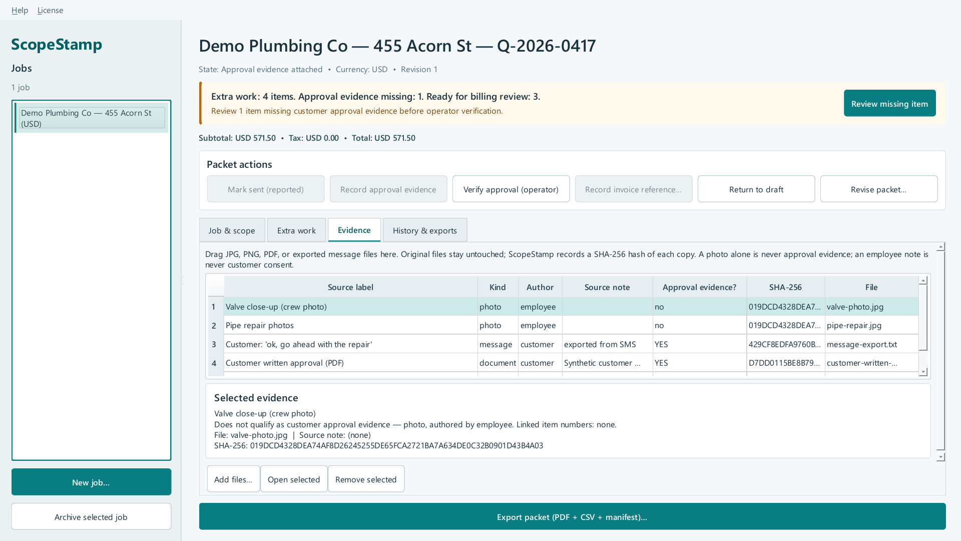 Reviewed scopestamp screen showing Add files…