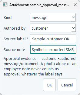 ScopeStamp Attachment dialog with message kind, customer author, synthetic source label and note, and OK.