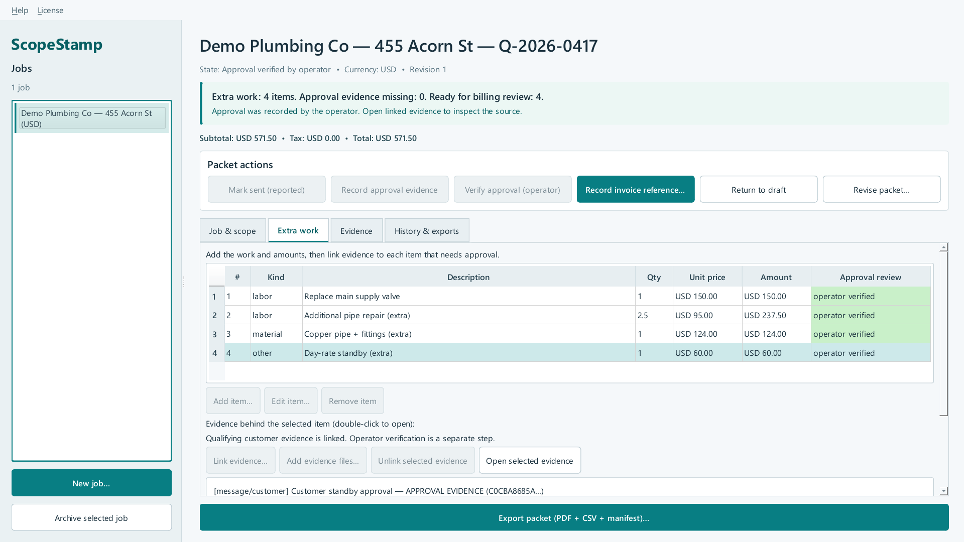 Reviewed scopestamp screen showing Record invoice reference…