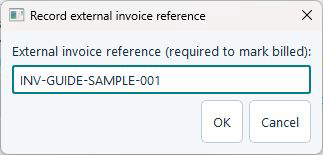 ScopeStamp external invoice reference dialog containing a synthetic invoice number and OK button.