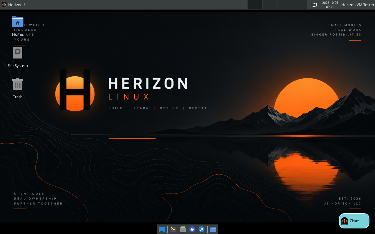 Actual Herizon Linux candidate desktop with the official orange mountain wallpaper