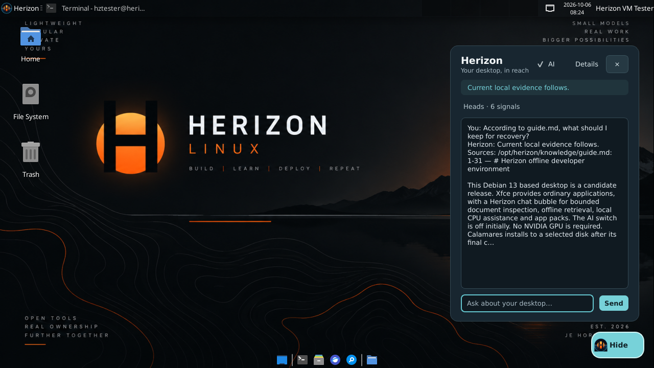 Herizon Linux candidate Chat window showing a response grounded in a cited local guide
