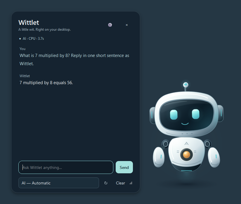 Wittlet desktop app conversation panel beside the Orbit character
