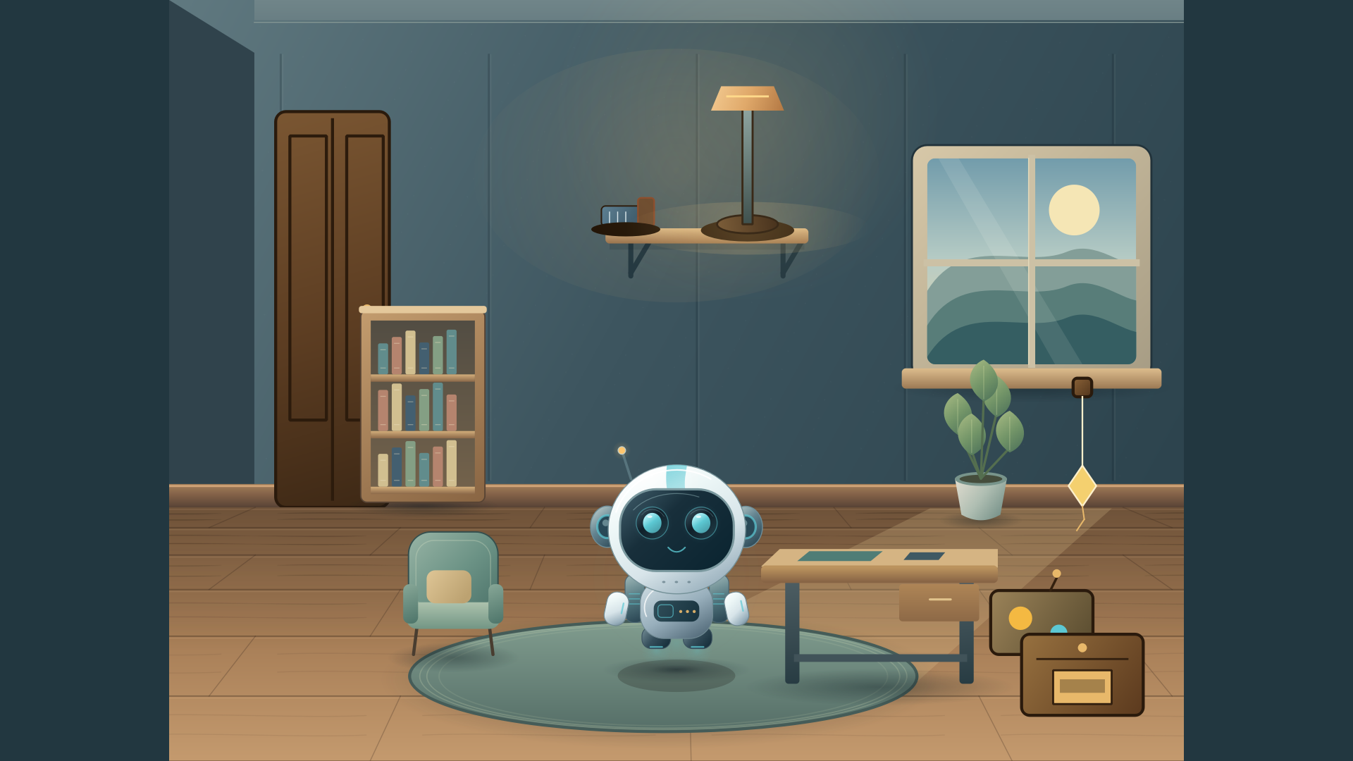 Scout in a furnished room